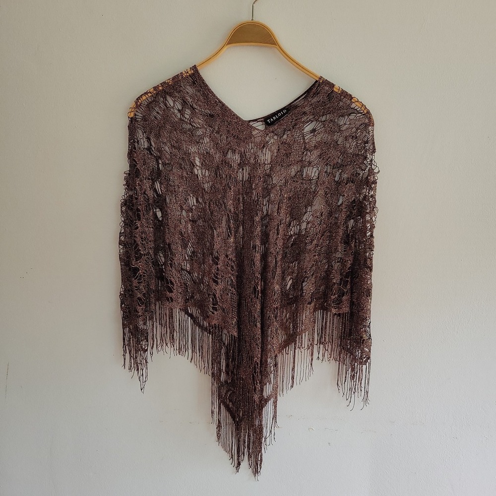 Vintage Tabloid Lattice Lace Fringed Poncho Brown Metallic Boho Disco Fairy 70s